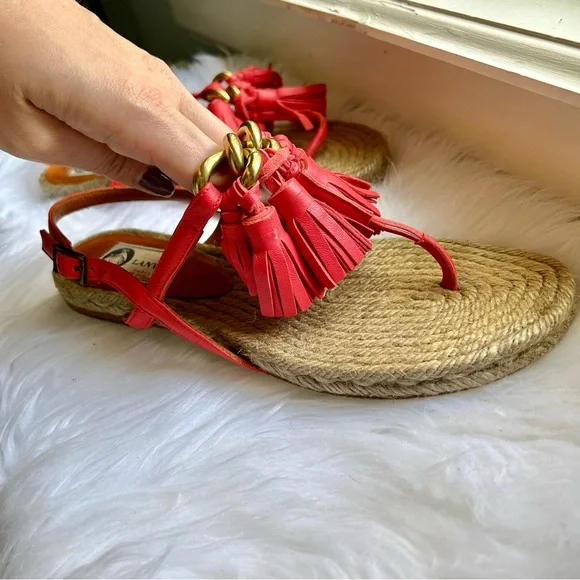 Lanvin Pink Leather Tassels Gold Chain Espadrille Sandals - Picture 3 of 10